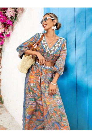 Fashion Cocktail V Yaka Hint Şal Desenli Bohem Yazlık Sahil Kadın Viskon Kollu Krop Pantolon Takım Turuncu