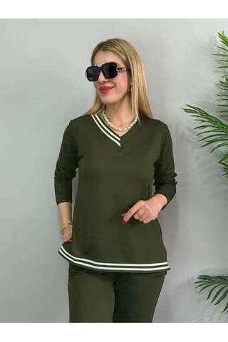 Defymoda Kadın Uzun Kollu Ribana Detay Viskon Iki Iplik Ikili Takım Haki
