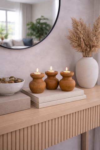 3 Lü Büyük Nar Model Tealight Ahşap Şamdan Seti Dekoratif Şamdan