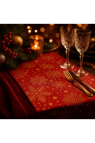 Kırmızı Gold Yılbaşı Masa Runner I Kar Tanesi Desenli Duck Dokulu 40x140 Cm Kırmızı