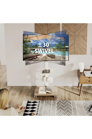 Fitueyes Tekerlekli Ve Ahşap Tabanlı Beyaz Tv Sehpası, 32-65 Inç Lcd Led Düz Ve Kavisli Ekranlar Için 189437022