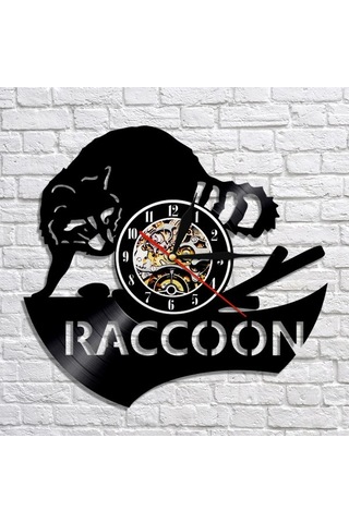 Primepickings Müzik Vinil Kayıt Duvar Saati - Rakun Vinil Duvar Saati - Vinil Saat - Oturma Odası Duvar Deko A