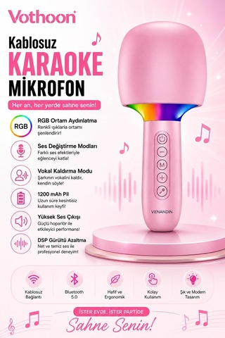 Zenvia Çocuk Ve Yetişkin Karaoke Mikrofonu Kablosuz Rgb Ambiyans Işığı Ses Değiştirme Modlu Hoparlör Znv2026