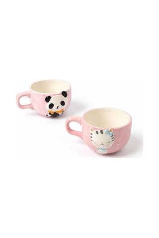 Minizoo Sevimli Kedi Ve Panda Figürlü 2 Adet Porselen Kupa Seti Renklı