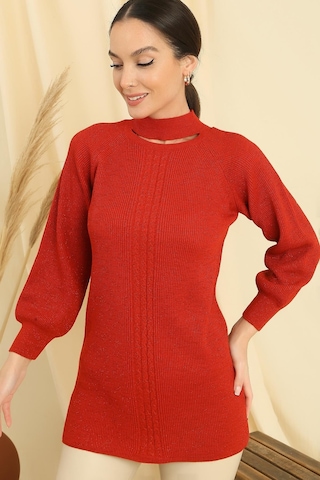 By Saygı Boyun Dekolteli Saç Örgülü Desen Büyük Beden Spor Tunik Kazak-35198 - Mercan