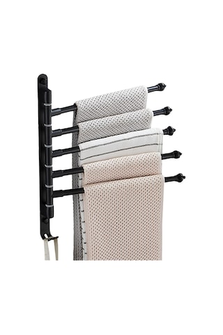 Lemestar Siyah 5 Çubuklu Alüminyum Tulumba/işlemsiz Montajlı 180 Dönebilen, Kancalı, Multifonksiyonel Banyo Havlu Rafı 30cm, Montaj Parçaları İçerir Siyah