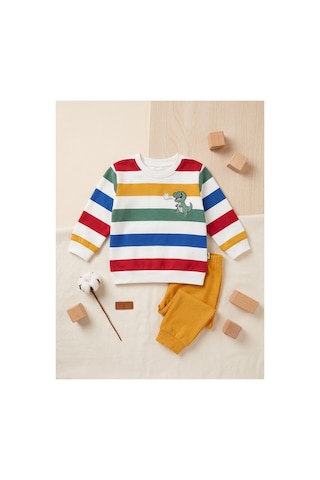Deniva Kids Erkek Bebek Dinozor Baskılı Çizgili 2'li Eşofman Takımı Sweatshirt & Eşofman Altı - 1 Yaş Turuncu