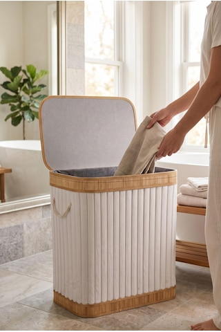 Katlanır Bambu Kirli Çamaşır Sepeti Peluş Kaplamalı Büyük Boy Beyaz