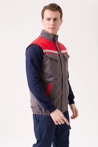 Kışlık İş Yeleği Grikırmızı Gabardin Çok Cepli Royal Sıcak Tutucu Rüzgar Geçirmez Reflektörlü Gri-kırmızı