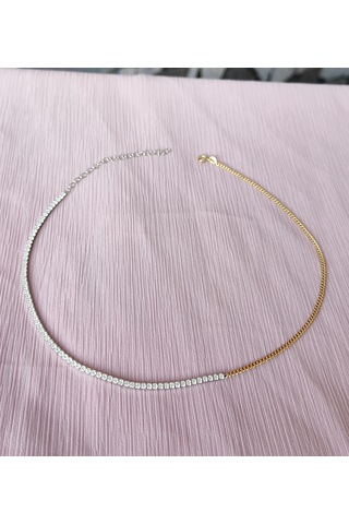 Yarısı Suyolu Yarısı Gurmet Zincir Çift Renkli Choker Gümüş Kolye