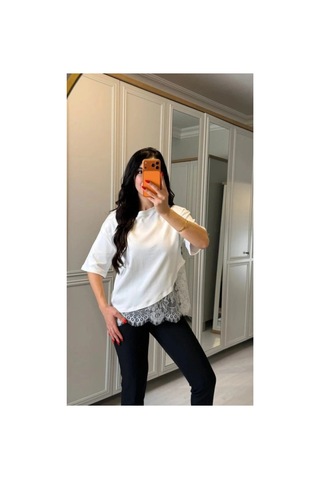 Butik İstanbul Kısa Kollu Bısıklet Yakalı Dantel Detaylı Vıskon Ikı Iplık Bluz Beyaz