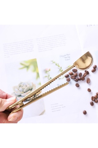 2'si 1 Arada Kahve Kepçesi Paslanmaz Çelik Kahve Tozu Ölçüm Kepçesi Sızdırmazlık Klipsli Çay Süt Tozu Kepçesi Kahve Aksesuarları Altın