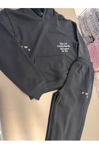 Magu Çocuk Pamuklu Daily Core Baskılı Siyah Kapüşonlu Sweatshirt Ve Eşofman Altı Takımı Çok Renkli