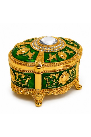 Kristal Taşlı Oval Mücevher Kutusu Kadife İç Kaplamalı Gold İşlemeli Takı Kutusu Dekoratif Saklama Kutusu Yeşil