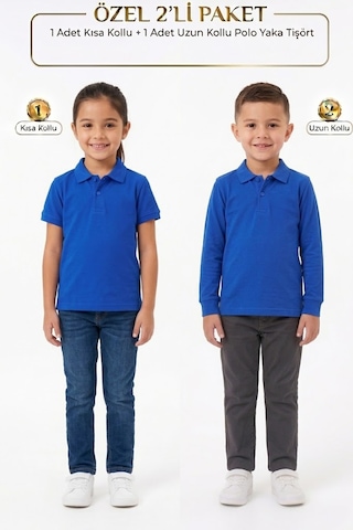 Nacar Store Unisex Çocuk Uzun Ve Kısa Kollu Polo Yaka Okul Tişörtü 2'li Set Saks Mavi
