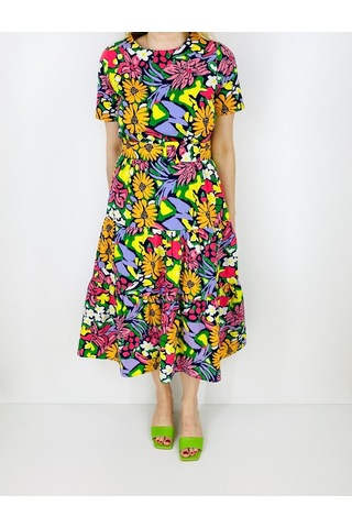 Renkli Desenli Volanlı Elbise