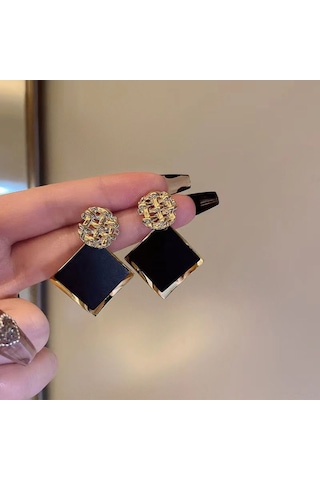 Samdoo Geometrik Kare Desenli, Siyah Email Ve Altın Kaplama, Çift Katlı, Dayanıklı Alaşım, 4.5x3.4 Cm, S925 Gümüş İğne, Modern Retro Küpe Gold