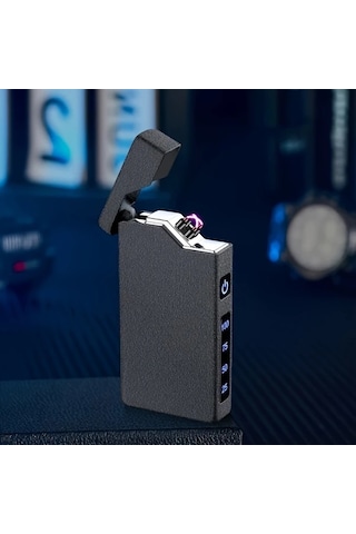 Techbloom Matte Black Rüzgar Geçirmez Çift Ark Çakmak Usb C Şarjlı Elektrikli Çakmak Işık Desenli Kamp Hediye Açık Gri