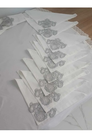 Batik Gümüş Dantelli Pamuk Kumaş Beyaz Mutfak Takımı 17 Parça 442 Beyaz