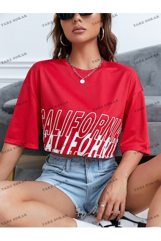 Flood Of Style Crop Ckod-232913 Grafikli Düşük Omuz Kısa Kırmızı