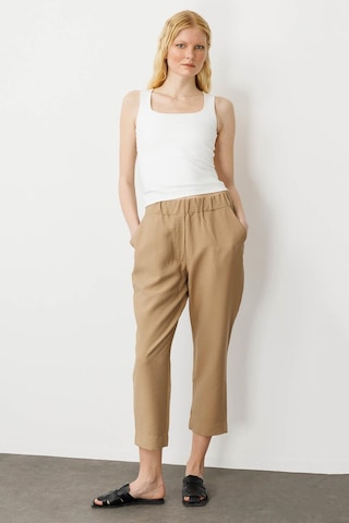 Kadın Beli Lastikli Yan Cepli Havuç Kesim Keten Pantolon Camel Camel