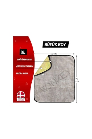 Wonkey - Ultra Kalın Mikrofiber Oto Araba Yıkama Kurulama Havlusu 70x50 Cm, Büyük Boy Çift Katlı Araç Kurutma Bez