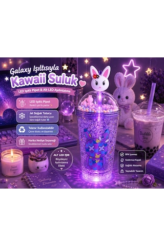 Led Işıklı Pipetli Kawaii Chibi Sevimli Tavşan Figürlü Çift Katmanlı İçecek Bardağı Suluk 450 Ml Mor