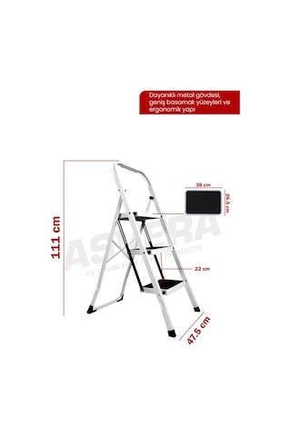 Asvera Space 3 Basamaklı Ev Tipi Metal Merdiven - Katlanır Geniş Kaymaz Mutfak Ve Ev Merdiveni Slim