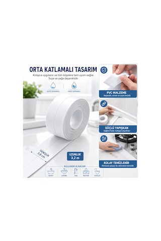 3,2m Su Geçirmez Sızdırmazlık Bandı Küvet Lavabo Duş Mutfak Kenar Bandı Yapışkanlı Pvc