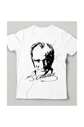Atatürk Baskılı Özel Tasarım Çocuk T-shirt %100 Pamuk Penye Kuma Beyaz