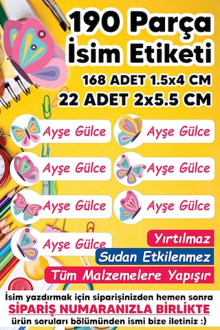 Okul Etiketi Kalem Defter Etiketi Kelebek Temalı Özel Isim Yazılabilen Etiket - 190 Adet