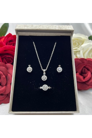 Kadın 2'li Seti 925 Ayar Gümüş Rodyumlu Zirkon Taşlı Gümüş