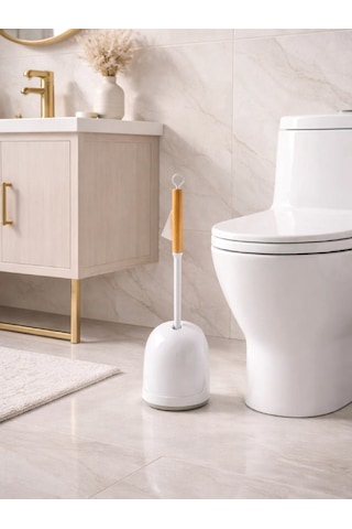 Silikon Başlıklı Ahşap Saplı Otomatik Hazneli Tuvalet Fırçası Modern, Şık Wc Fırçası Ve Standı Vıchy-7045 siyah