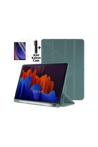 Lenovo Idea Tab Pro 12.7 Inç 2025 Tablet Kılıf Kalem Bölmeli Standlı Silikon Kapak + Ekran Koruyucu Cam Set