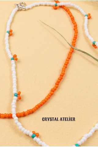 Crystal Atelier 2'li Turuncu Kiraz Boncuk Kolye Seti El Yapımı Kum Boncuk Beyaz Turuncu İkili Choker Kombini Meyve Temalı Hediyelik Kolye Turuncu - Beyaz