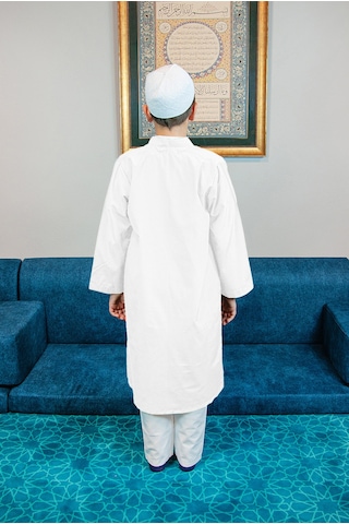 Beyaz Buhara Yaka Namaz Elbisesi Erkek Çocuk Cübbe Beyaz