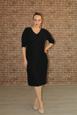 Nidya Moda Büyük Beden Kadın Siyah Simli Abiye Elbise-4009RS Siyah