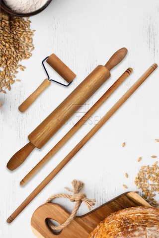 Zambak Serisi Ahşap Hamur Açma Oklavası Merdanesi Rulosu 4 Lü Set