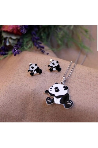 Sevimli Panda Mineli Gold Altın Renk Çelik Kız Çocuk Küpe Kolye