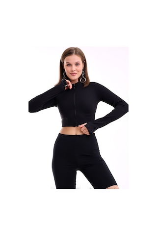 Winmoda34 Kadın Dalgıç Takım Likralı Spor Önden Fermuar Detaylı Kısa Taytlı Uzun Kol Parmak Geçmeli Model Kf-siyah