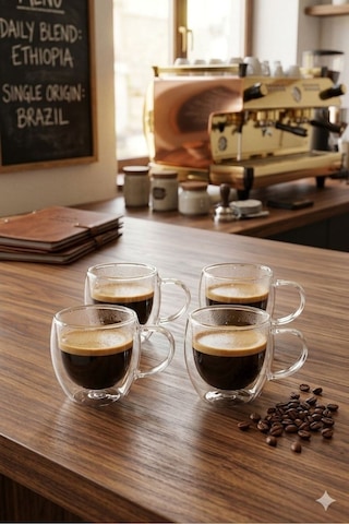 4 Lü Türk Kahvesi Bardağı Kuplu Espresso Bardağı Çift Cidarlı 80 Ml Şeffat