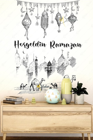 Ramazan Ayı Kandiller Ve Medine Figürleri Cam Duvar Dolap Sticker Seti - Hoşgeldin Ramazan Çok Renkli