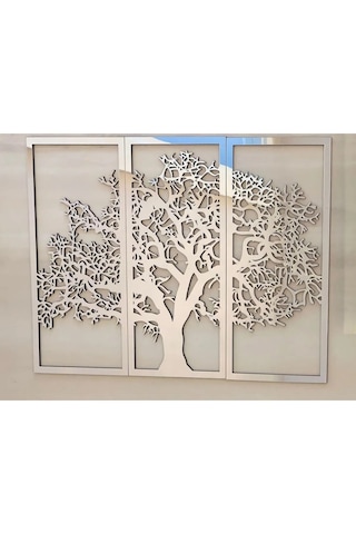 Sonbahar 3'lü Çınar Ağacı Tablo Mdf Üzeri Aynalı Gümüş Pleksi