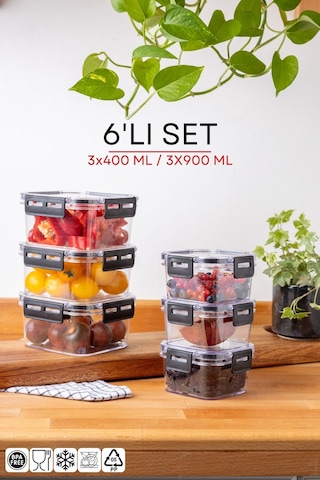 Nandy Home Kilit Kapaklı Kare Clear Saklama Kabı Seti 6'lı - 400/900 ML Beyaz