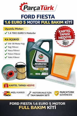 Ford Fiesta 1.6 Tdci Euro5 Motor Yağ Bakım Seti Castrol+Hava-Yağ F. Polen Mazot 5Li Set