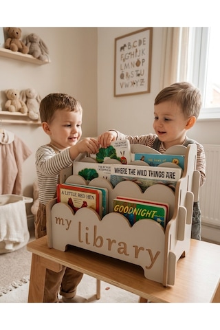 Montessori Ahşap Çocuk Kitaplık Gri Eğitici Ve Dekoratif Tasarım My Library Gri