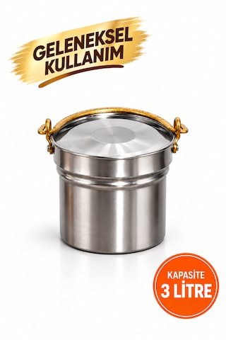 3 Litre Paslanmaz Çelik Yoğurt Mayalama Ve Süt Kabı Satır/bakraç Geleneksel Sarı Kulplu - 13 Helke Metalik