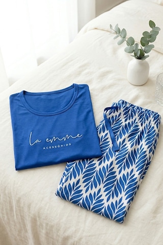 Aura Collections Kadın Desenli Bambu Viskon Uzun Kollu Soft Örme Mevsimlik Pijama Takımı Mavi