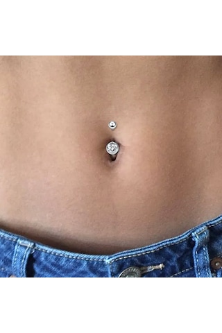 Zirkon Taşlı Çelik Göbek Piercing Kadın Takı Aksesuar Gümüş