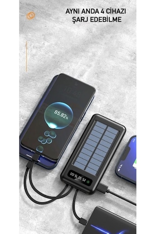 Powerbank10000 Mah Güneş Enerjili Göstergeli Powerbank Solar Fenerli Güneş Enerjili Type C - Lightning - Micro Usb - Usb Kablolu Senalstore Siyah